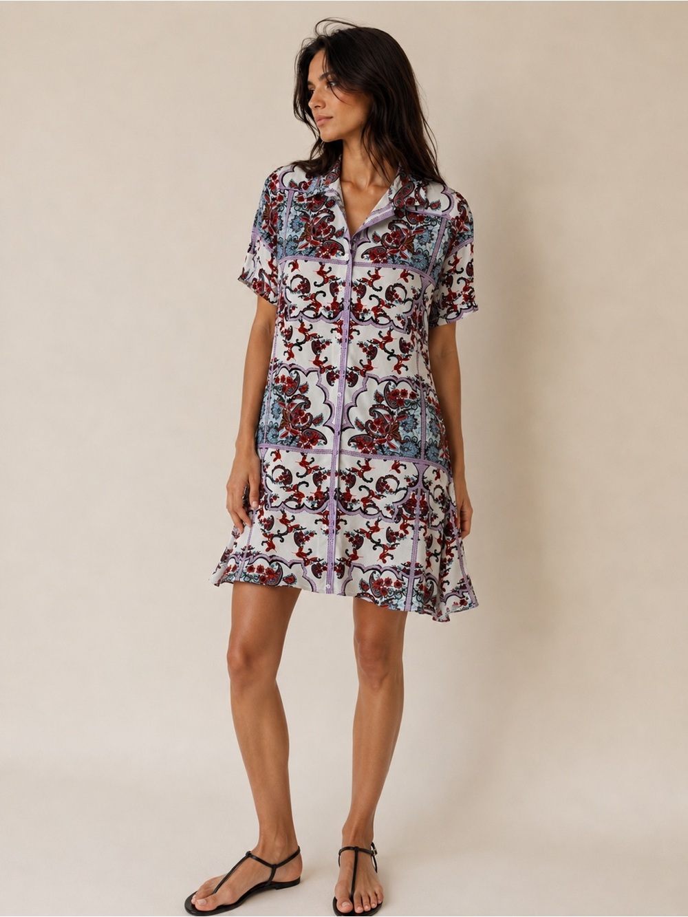 Glamorous Printed Shirt Dress Button-Front Multi Colored Print Size 4